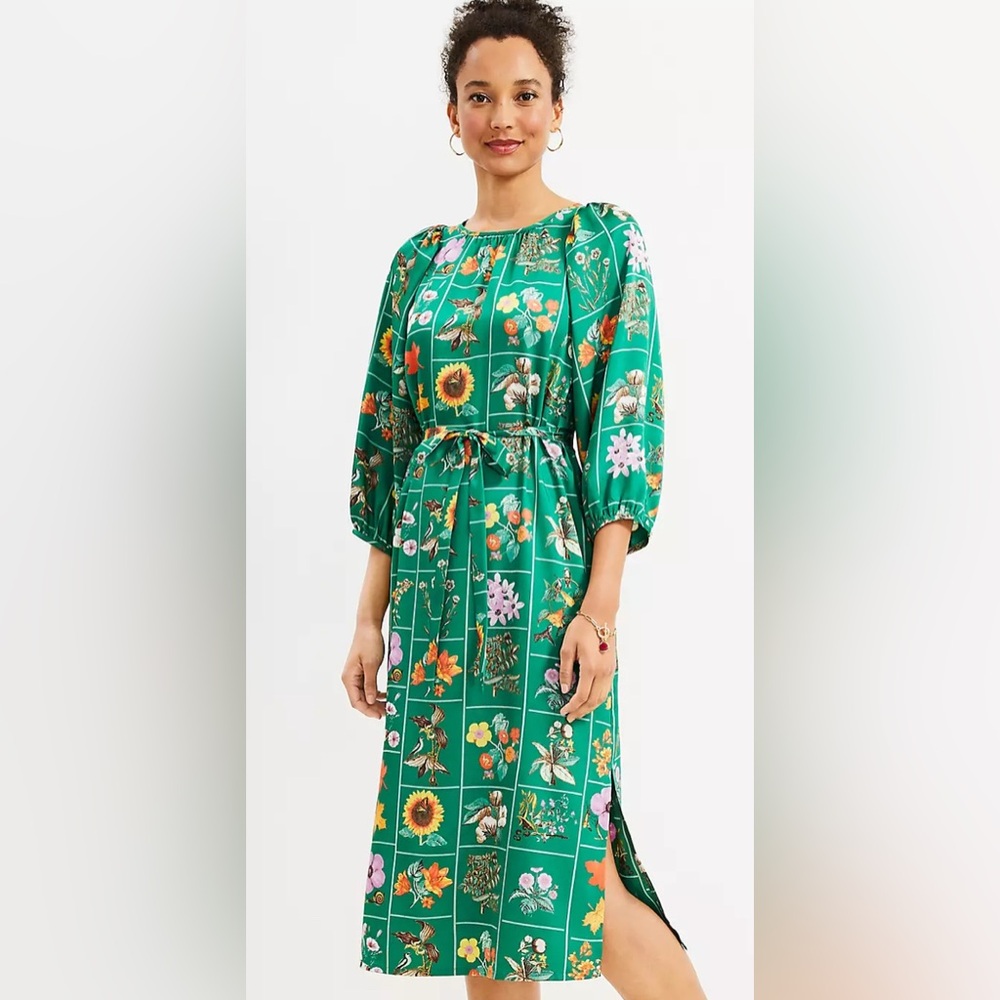 Loft Women’s Garden Print Green Puff Sleeve Midi Dress, Size Medium